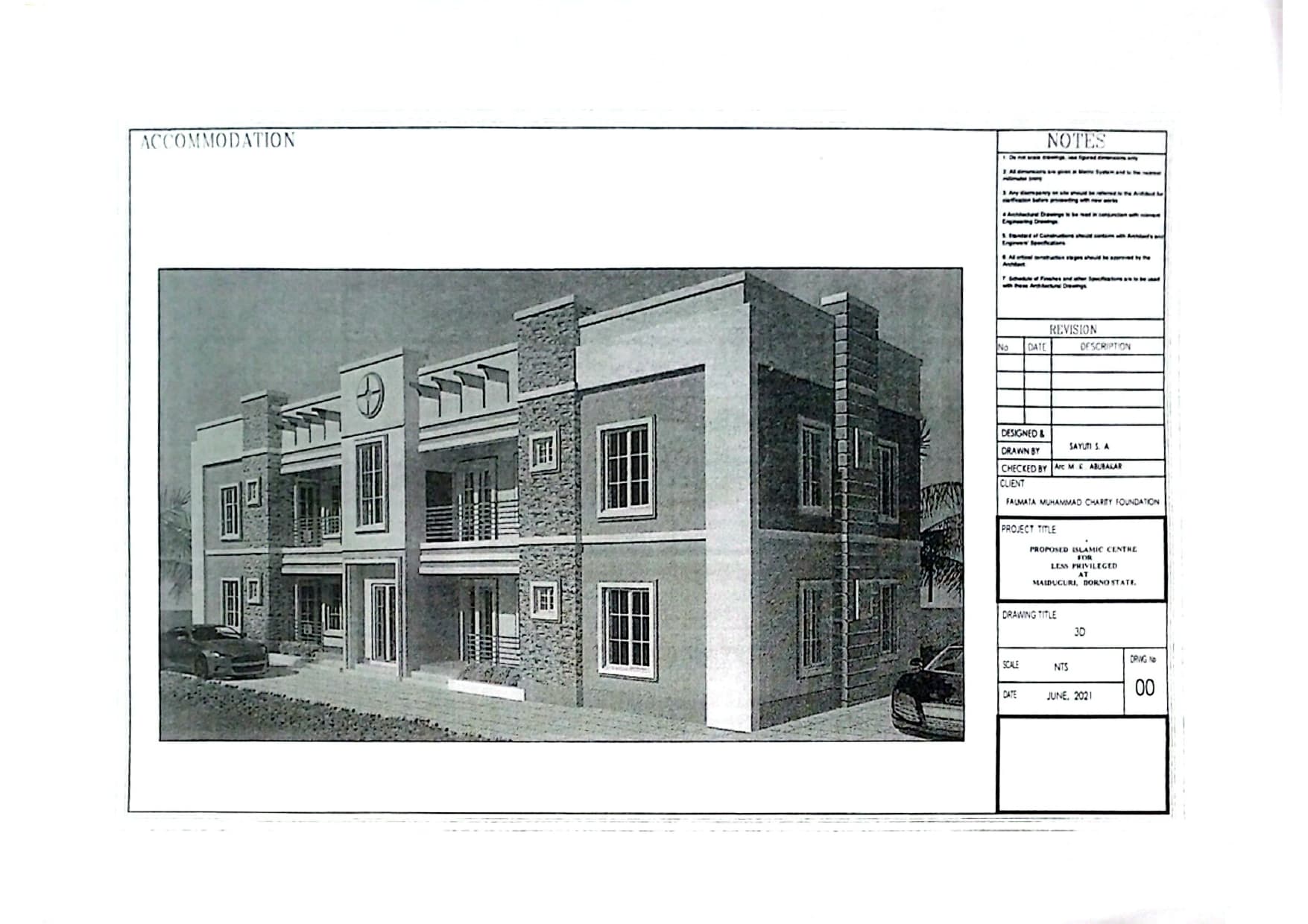 Accommodation block, 3D view — proposed Islamic Centre in Maiduguri